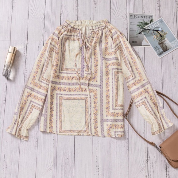 Beige V neck Lantern Sleeve Drawstring Tribal Print Blouse - Picture 4 of 7